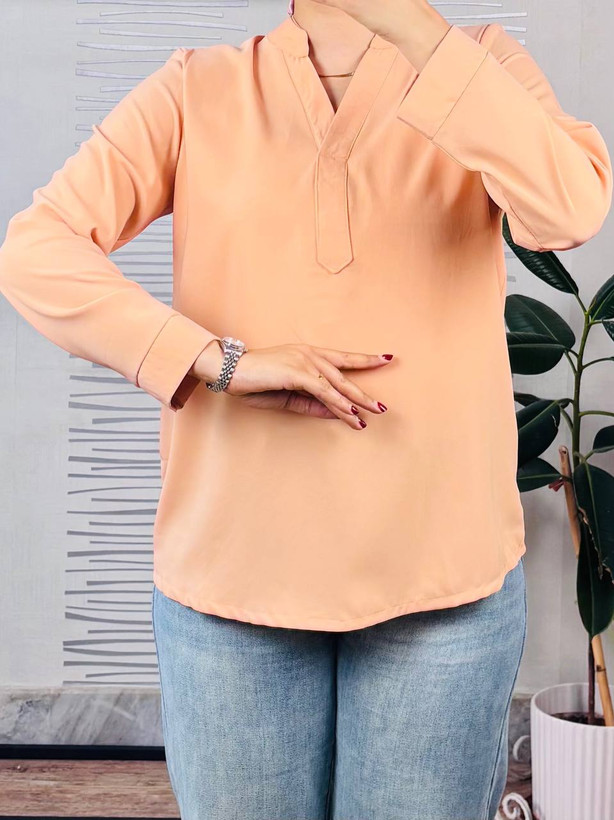 شومیز هلویی رنگ پارچه کرپ زنانه