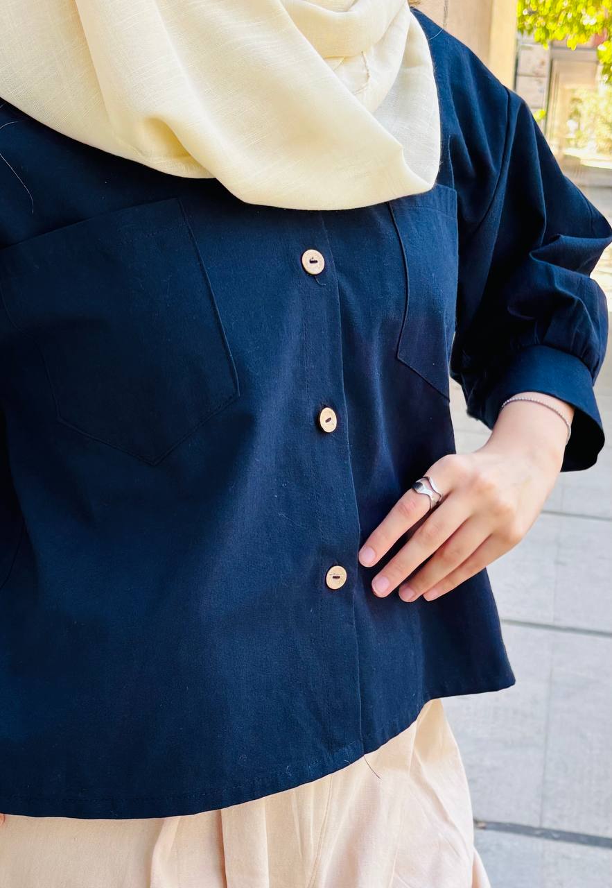 شومیز لینن دوجیب آستین مچی‌ دخترانه