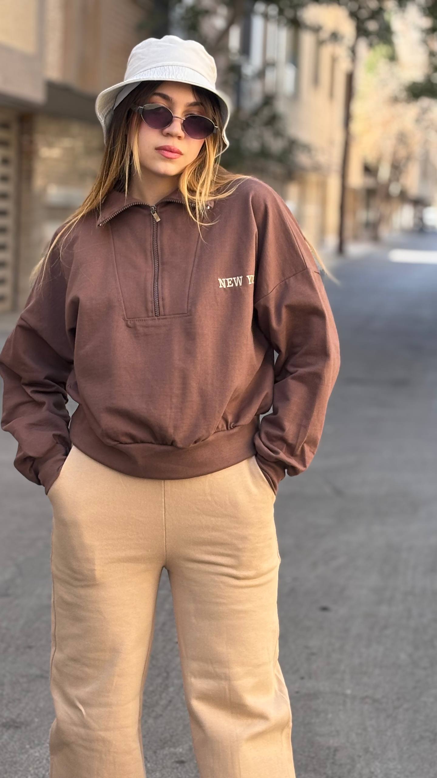 دورس نیم زیپ قهوه ای دو نخ دخترانه