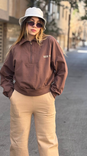 دورس نیم زیپ قهوه ای دو نخ دخترانه